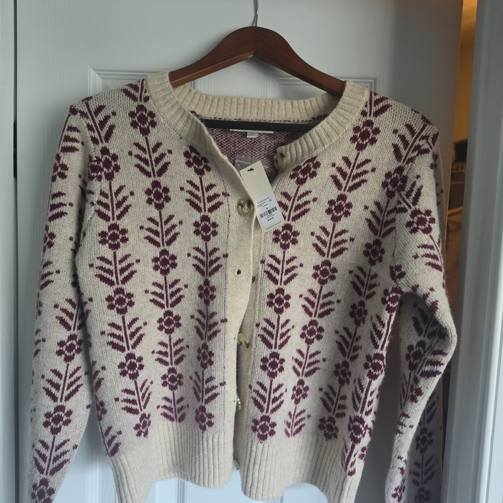 Francesca's Collections Beige and Burgundy Patterned Cardigan